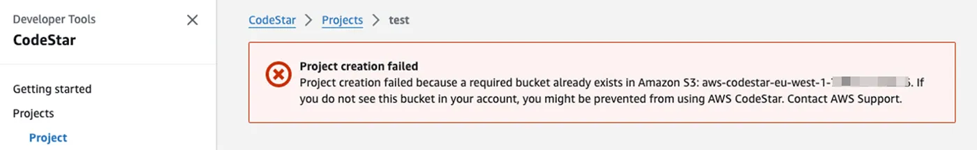 An error message will appear on the victim's side because the attacker has already claimed the bucket that CodeStar will attempt to use