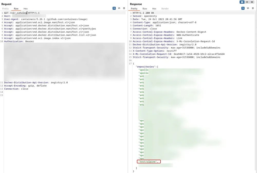 Listing of existing container images - as you can see, we were able to push an image, meaning we have high privileges