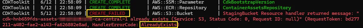 The CDK bootstrap process of the target account fails with an error because the S3 bucket has already been claimed by an attacker