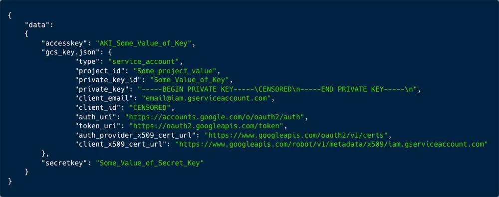 In the secrets API we found many exposed keys. In the screenshot you can see one of GCS, containing private and access keys