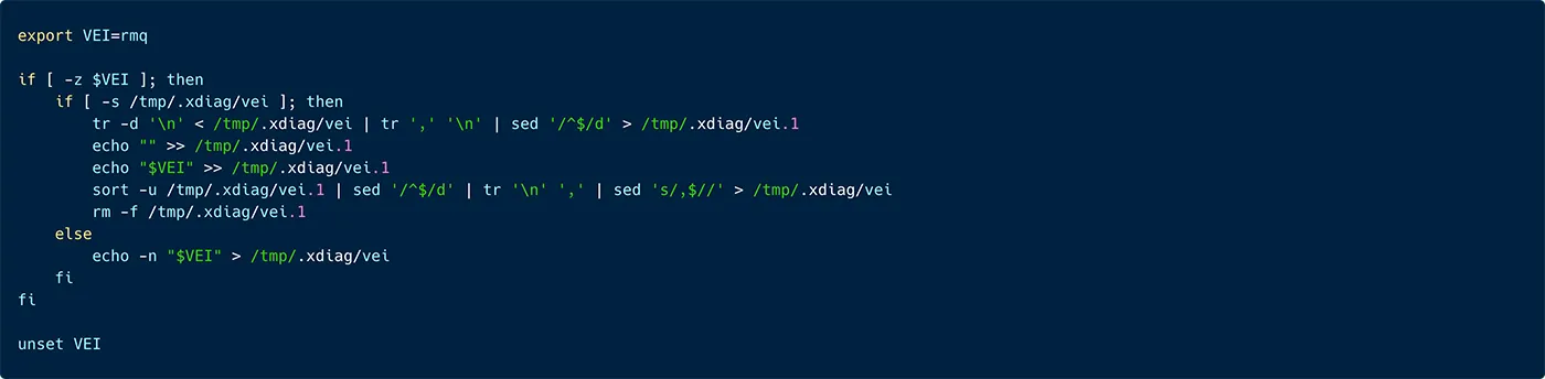 A snippet from the ‘rconf’ script, illustrating preparation of the ‘/tmp’ directory for the malware operation and logging