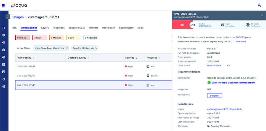 detection of the vulnerability by the Aqua platform