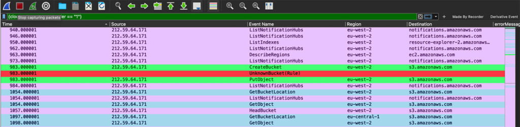 In this image, you can see 3 events marked in green and red. The first green event is a bucket creation, the second green is putting something in the bucket, and the red is a rule we wrote to detect a hidden resource (bucket) creation