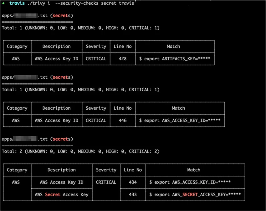 Screenshot of a Trivy scan results that show detection of secrets in files